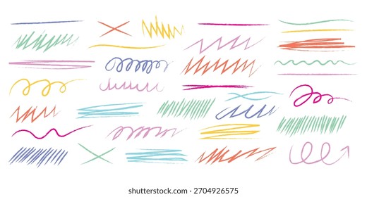 Colorful highlighter strokes and underlines to emphasize text icon vector. colored pencil or crayon sketchy lines, strokes, smear and strikethroughs symbol. vector illustration.