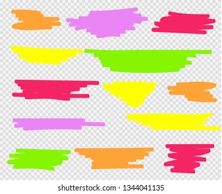 Colorful highlighters set. Yellow, green, purple, red and orange markers. Transparent hand drawn brush lines