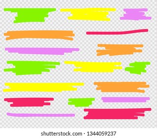 Colorful highlighters set. Yellow, green, purple, red and orange markers. Transparent hand drawn brush lines