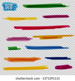 Colorful highlighters set. Yellow, green, purple, red and orange markers. Transparent hand drawn brush lines.