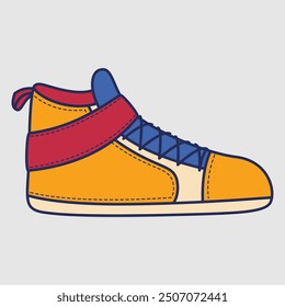 A colorful high-top sneaker with blue laces and red strap, designed for casual wear.