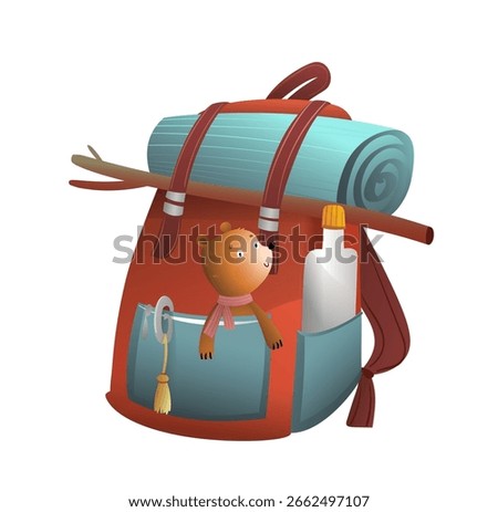 Colorful Hiking Backpack With Bear Toy and Camping Tools. Cartoon backpack with bear toy in the pocket for kids hiking backpacking adventure. Object illustration for children, vector isolated clip art