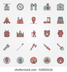 Colorful hiking icons - set of flat mountain climbing symbols or camping logo elements