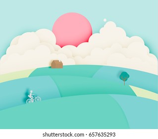 Colorful hill paper cut style background vector illustration