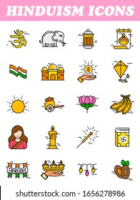 Colorful Hinduism Icons in Flat Style. 