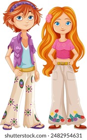 Colorful hippie characters with vibrant clothing