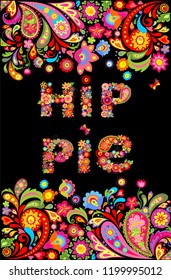 Colorful hippie flowers lettering print and floral border for summery t shirt design on black background
