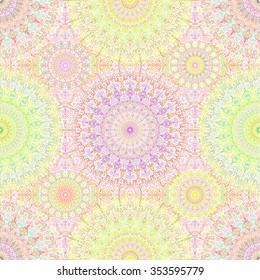 Colorful Hippie Mandala Seamless Pattern. Complex floral background from round ornaments. For textile print, fashion, wrapping paper, wallpaper, furniture, curtains. Vector ethnic pattern