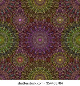 Colorful Hippie Mandala Seamless Pattern. Complex floral background from round ornaments. For textile print, fashion, wrapping paper, wallpaper, furniture, curtains. Vector ethnic pattern