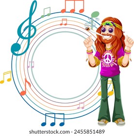 Colorful hippie with music notes and peace symbol.