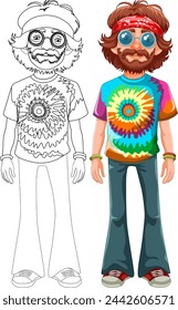 Colorful hippie with tie-dye shirt and headband.