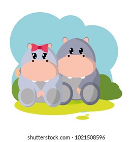 colorful hippopotamus couple cute animal in the landscape