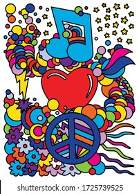 Colorful hippy psychedelic illustration with flowers, circles, note, heart and pacific. Design concept for poster, t-shirt print