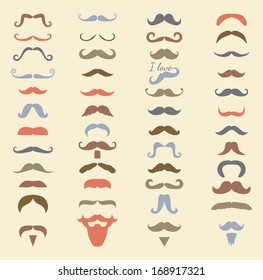 Colorful Hipster Moustache Icon Set. Vector Illustration, Mustaches big collection, variation, beard