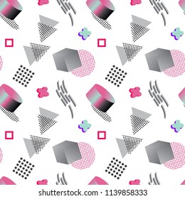 Colorful hipster seamless pattern. Modern 3d memphis and geometric flat style. Holographic 80-90s fashion fabric, wallpaper, wrapping paper, cover design.
