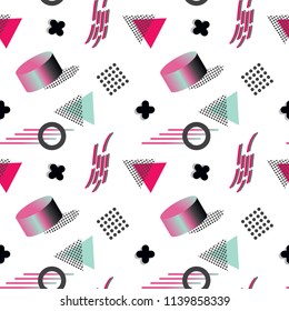 Colorful hipster seamless pattern. Modern 3d memphis and geometric flat style. Holographic 80-90s fashion fabric, wallpaper, wrapping paper, cover design.