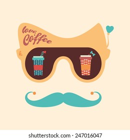 Colorful hipster vintage sunglasses with coffee cups.