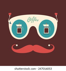 Colorful hipster vintage sunglasses with coffee kettles.