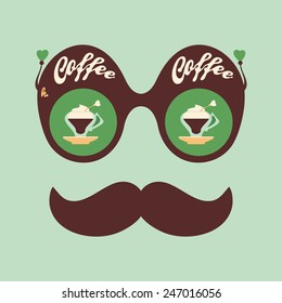 Colorful hipster vintage sunglasses with fragrant coffee.