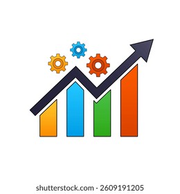 A colorful histogram with gears and an ascending arrow symbolizing business growth, success and progress. Ideal for business presentations and economic reports. Vector illustration.