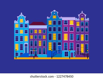 Colorful historic buildings of Amsterdam. Isolated stylish Dutch houses with a flat style. At night. A sample or template for a poster, postcard or souvenir.