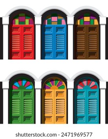 Colorful historical colonial style double storey shop house's windows. With high contrast lighting effect.  Vector.