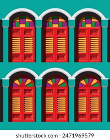 Colorful historical colonial style double storey shop house's windows. With high contrast lighting effect.  Vector.