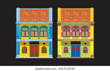 Colorido e histórico estilo colonial de doble piso terraza tienda casa. Vector, con fondo de color liso.