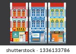 Colorful and historical colonial style three storey shophouses. Isolated. Caption: coffee shop (left), grocery store (right). 