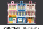 Colorful and historical colonial style three storey shophouses. Linked. Caption: coffee shop (left), grocery store (right). 