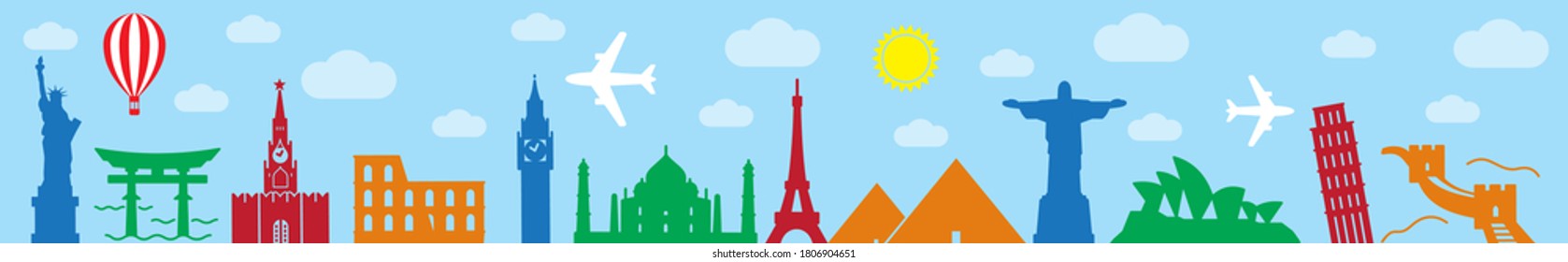 Colorful historical places with sun and airplane, panoramic creative vector image