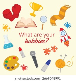 Colorful hobbies elements set with kids activity icons including painting, books, chemistry, puzzle, rocket, microphone, crochet, perfect for education and creativity themes