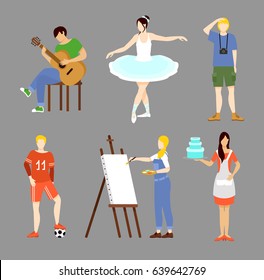 Colorful hobby collection with music dancing photography sport painting and cooking interests isolated vector illustration