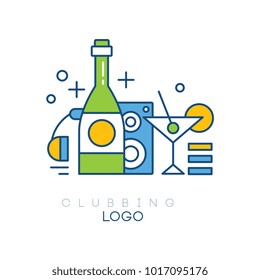 Colorful hobby logo template. Linear vector emblem with headphones, bottle with alcoholic drink, subwoofer and glass of martini with olive. Clubbing concept