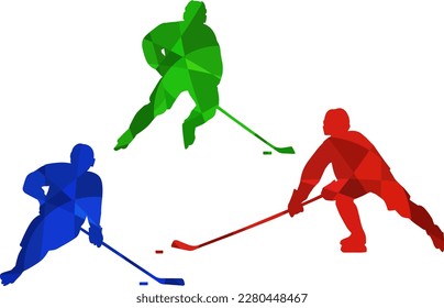 Colorful Hockey Player Silhouettes. Isolated vector colored images. Abstract blue, green and red vector image of sportsmen.
