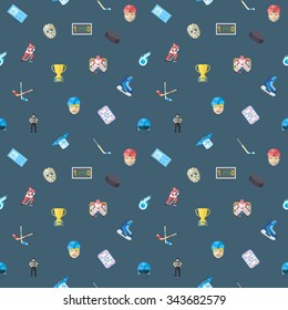 Colorful hockey seamless vector pattern. Modern flat style icons