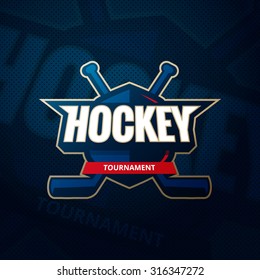 Colorful hockey tournament challenge logo label on shield with two crossed hockey sticks. Vector sport logo design illustration on thematic hockey background