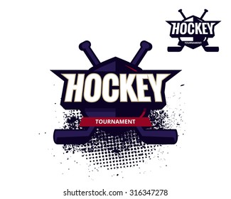 Colorful hockey tournament challenge logo label on shield with two crossed hockey sticks. Vector isolated sport logo design illustration