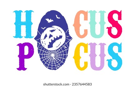 Colorful HOCUS POCUS writing decorated with a scary face