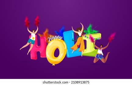 Colorful Holi Balloon Font With Faceless Teenager Girls Playing Colors On Purple Background.