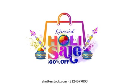 Colorful Holi festival background with Special Holi Sale text and shopping bags design for Retail sales offers discount and deals