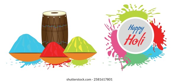Colorful Holi festival celebration with vibrant powder, traditional drum, and festive splashes symbolizing joy and unity.
