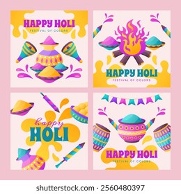 Colorful Holi festival design with traditional elements like drums, bonfire, and splashes of color. Includes text 'Happy Holi' and 'Festival of Colors' in vibrant hues.