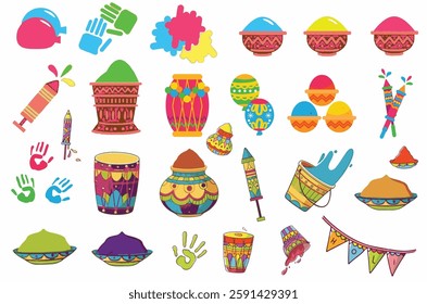 Colorful Holi festival item set including gulal powder, pichkari, sweets, bonfire, and festive decorations. Perfect for Indian festival designs.