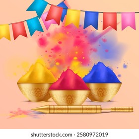 Colorful Holi festival scene with bowls of vibrant powders and a pichkari on a festive background.