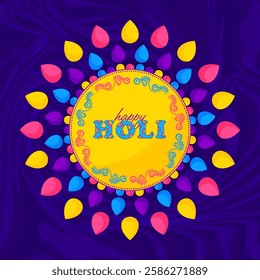 Colorful Holi illustration with vibrant powder design and "Happy Holi" message.