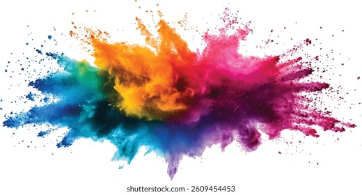 Colorful holi powder on white background. Colorful vibrant rainbow holi paint color powder explosion with bright colors isolated white background. colorful mixed rainbow powder explosion,