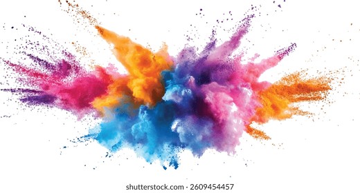 Colorful holi powder on white background. Colorful vibrant rainbow holi paint color powder explosion with bright colors isolated white background. colorful mixed rainbow powder explosion,