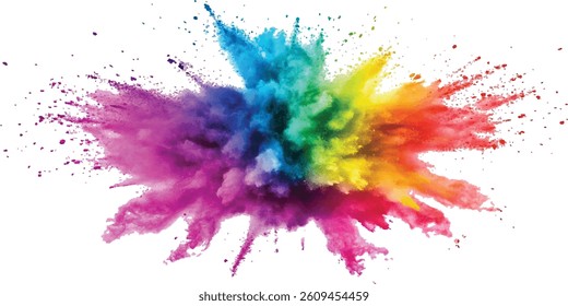 Colorful holi powder on white background. Colorful vibrant rainbow holi paint color powder explosion with bright colors isolated white background. colorful mixed rainbow powder explosion,