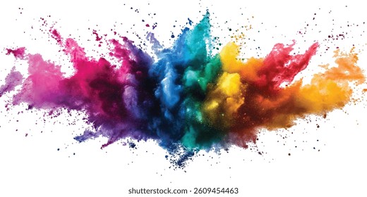 Colorful holi powder on white background. Colorful vibrant rainbow holi paint color powder explosion with bright colors isolated white background. colorful mixed rainbow powder explosion,